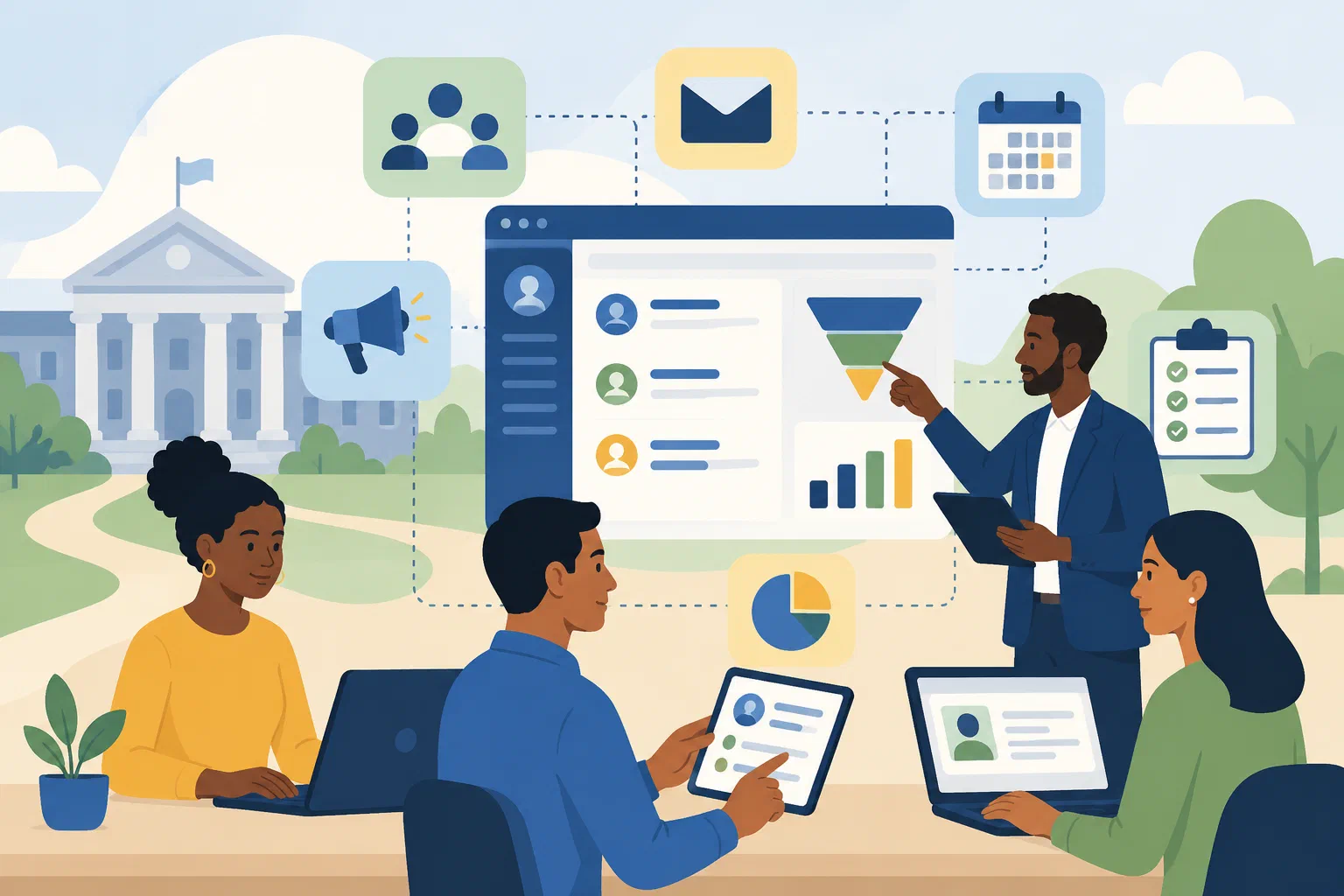 Higher education staff using student recruitment software