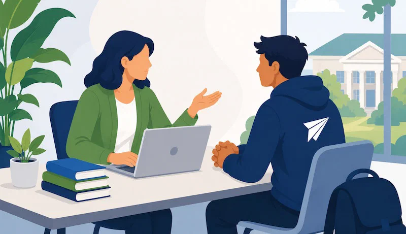 Illustration of a recruitment advisor meeting with a prospective student